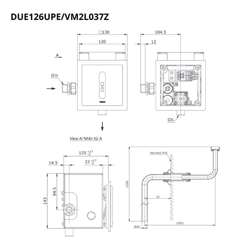 Van xả tiểu TOTO DUE126UPE VM2L037Z cảm ứng dùng điện kèm ống nối